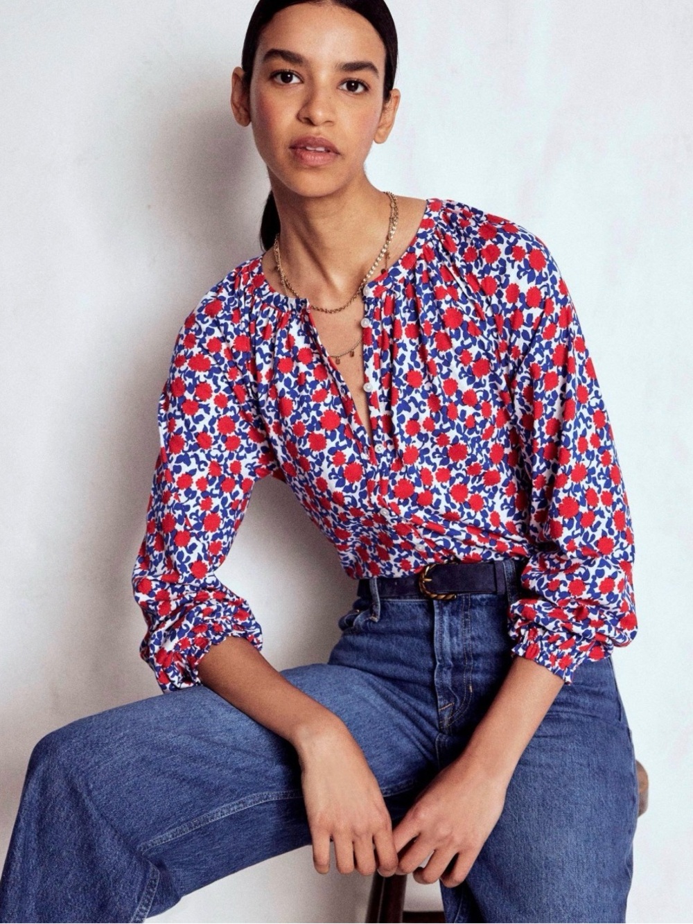 Boden Red and Blue Floral Peasant Blouse